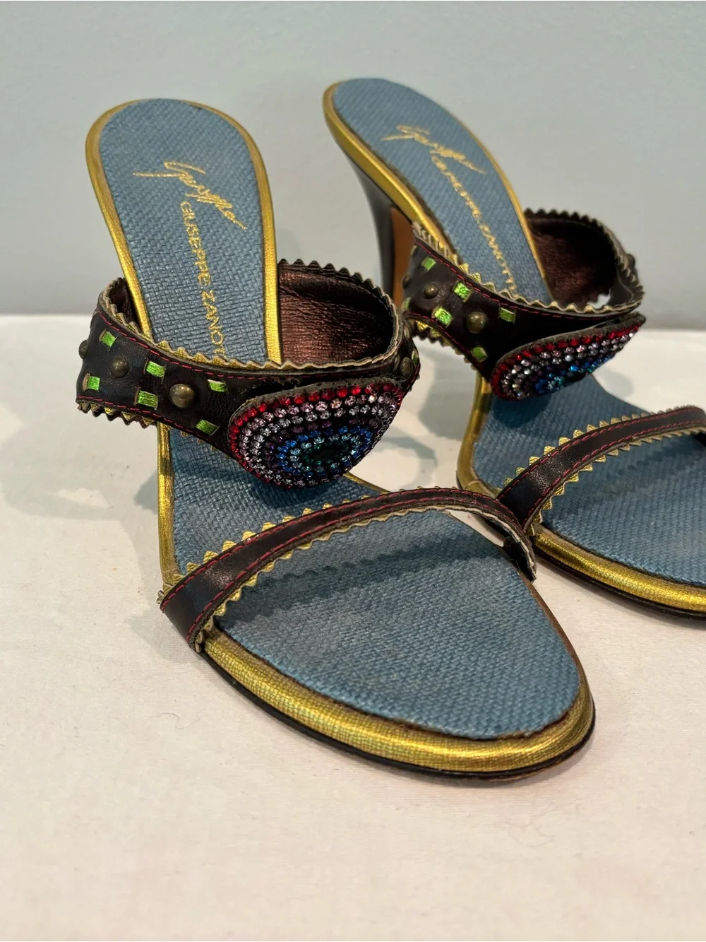 Giuseppe Zanotti Denim Slide Heels with Multicolor Crystal Detail